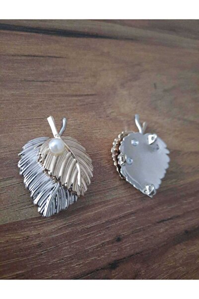 beyna aksesuar Silver and Gold Combination Leaf Model with Pearls Hand Sewing Brooch Button 4 cm