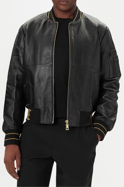 Versace Men's Regular Fit Gold Jacquard Ribbed Leather Bomber Jacket - Black