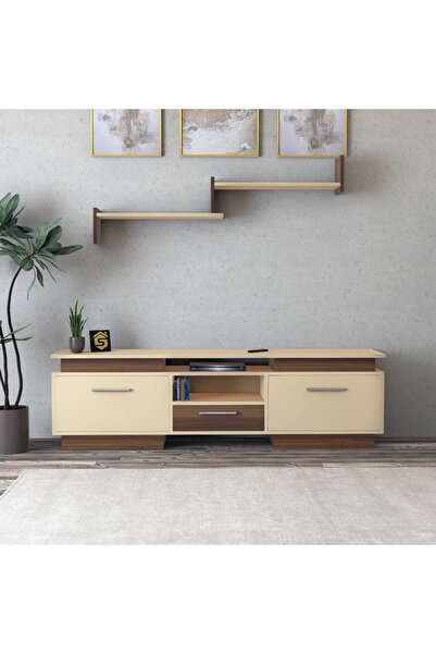 Stylish Home Modern TV stand with wall shelf - brown and beige