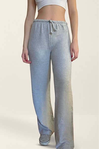 ZUSA store Straight Fit Yumuşak Dokulu Gri Melanj Rengi Palazzo Eşofman Altı