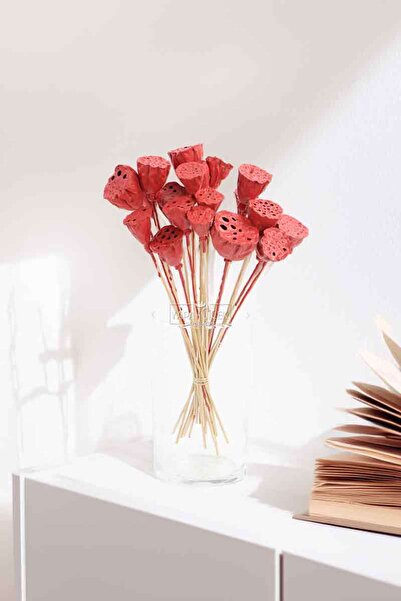 Yapay Çiçek Deposu Dried Flower 20Pcs Mini Lotus 28 cm Red