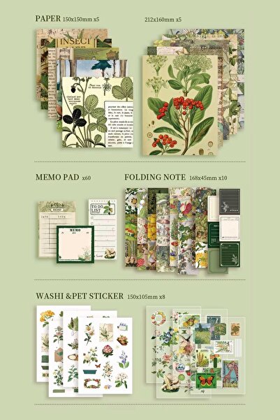 Buka Shops "Wild Dome" Serisi 180 Parça Botanik Scrapbook Seti - Hediye Kutulu Defter, Sticker, Washi Bant ve M
