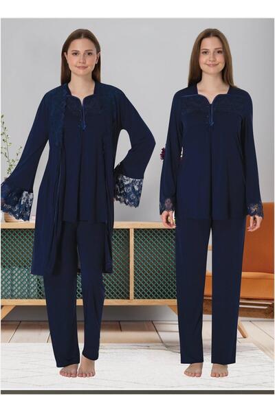 Lohusa Homewear طقم بيجامة نسائية بتصميم أزرق داكن من الدانتيل للحوامل مكون م...