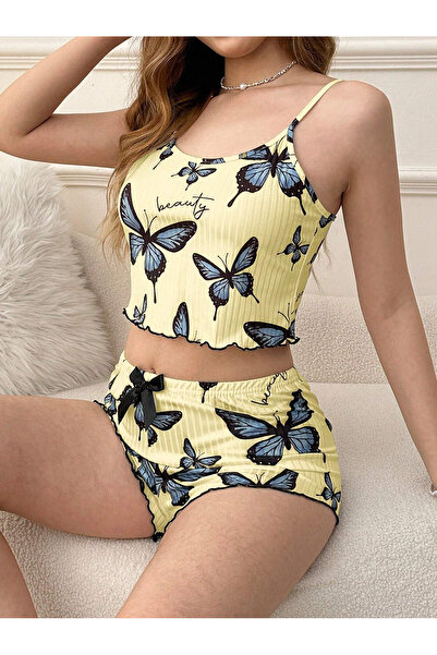 PERLMUTT Kadın Sarı Kelebek Desenli Askılı Şortlu Ribana Pijama Takımı,Rahat ve Şık Ev Giyim,Kadın Pijama
