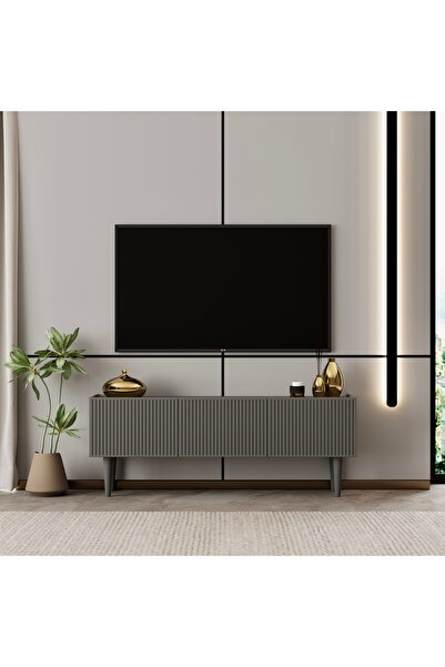 enwood Capella Tv Ünitesi gri MDF 120 cm ayaklı kapaklı raflı