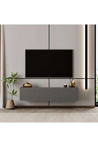 enwood Capella TV ünitesi Gri MDF 120 cm duvara monte kapaklı raflı