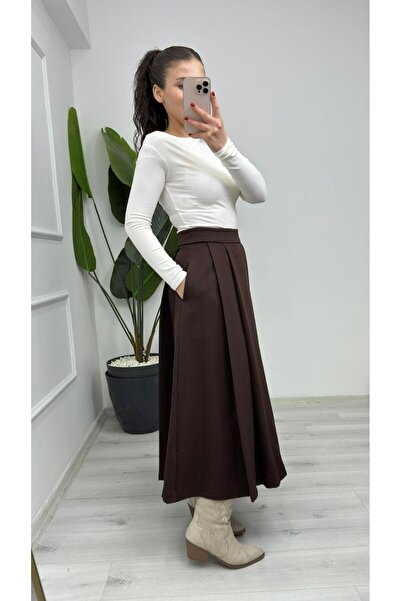 TUNAM BUTİK 8942 Flared Pleated Midi Skirt with Pockets Brown
