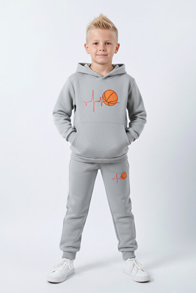 panios kids 3 İplik Winter Ş Fleece-Lined Pulse Basketball Print Detailed Boys' Tracksuit Set