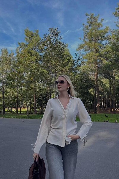 lizge giyim YAN BÜZGÜ DETAYLI KOL UCU BAĞCIKLI GÖMLEK