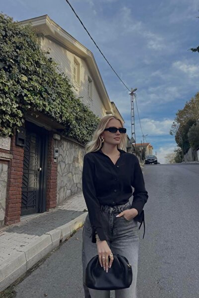 lizge giyim YAN BÜZGÜ DETAYLI KOL UCU BAĞCIKLI GÖMLEK