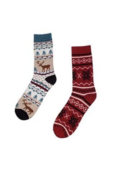 OEM Wool Socks Beige & Burgundy with Trees, Reindeer and Diamonds for Men (41-46) - 2 pairs