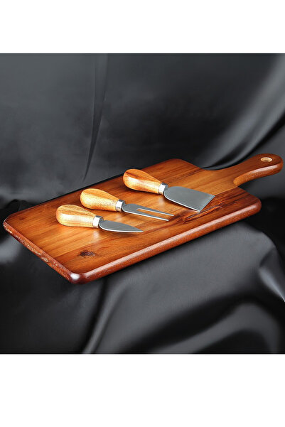 welcomein Natural Wooden Cheese Serving Board Acacia Square Walnut Color 3 Knives Gift