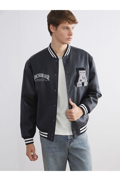 LC Waikiki Black College Collar Embroidered Men's Leather-Look Jacket