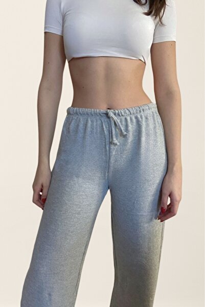 ZUSA store Straight Fit Yumuşak Dokulu Gri Melanj Rengi Palazzo Eşofman Altı