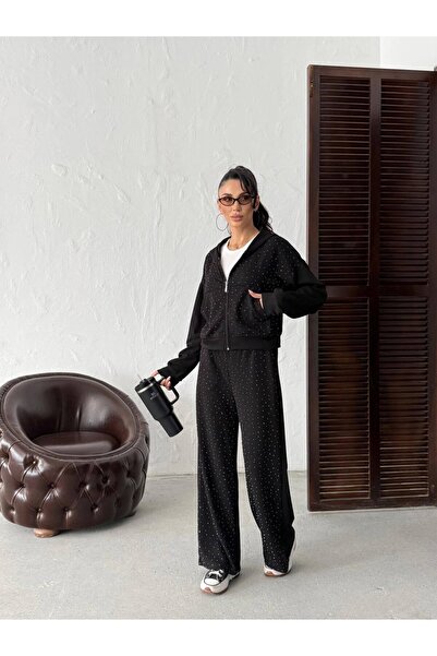 cemo Stone Embroidered Hooded Zippered Pipe Leg Women's Tracksuit Set