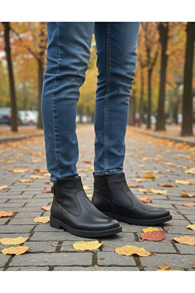 Budaks Men's Genuine Leather Water and Cold Resistant Fur Lined Anti-Slip Sole Lace-Up Zippered Black Casual Boots 490