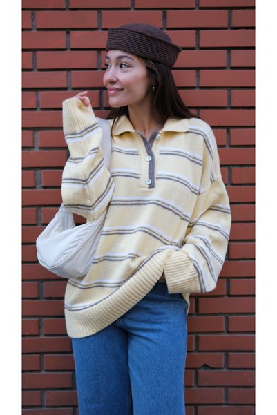 Butik Una Fiaba-Yellow Oversized Striped Buttoned Polo Neck Knitwear Sweater
