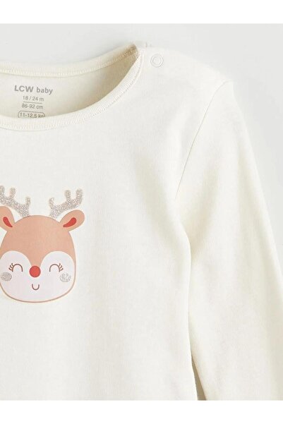 LC Waikiki Geyik Printed Long Sleeve Baby Girl Snap Closure Bodysuit 2-Piece (W5)