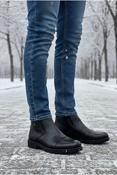 Budaks Erkek Hakiki Deri Su Soğuk Dayanıklı Kürklü Kaydırmaz Taban Bağcıklı Fermuarlı Siyah Günlük Bot 282