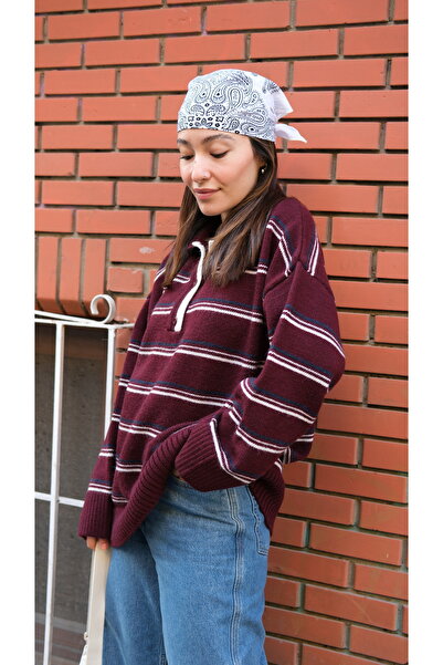Butik Una Fiaba-Bordo Oversized Striped Buttoned Polo Neck Knitwear Sweater