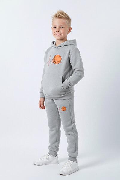 panios kids 3 İplik Winter Ş Fleece-Lined Pulse Basketball Print Detailed Boys' Tracksuit Set