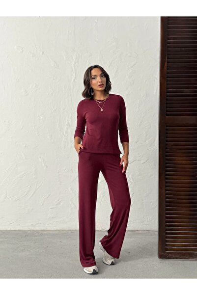 peralist Women's Soft Ribbed Knit Fabric Bottom Top Set