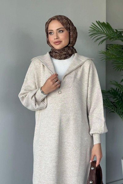 Flavus Puella Women's Zippered Corded Fabric Collar Balloon Sleeve Midi Knitwear Dress