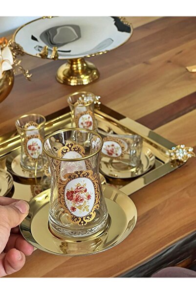 P&ORA PREMIUM KITCHEN PRODUCTS 13 Piece Steel Gold Tray with Brooches, Gilded Patterned Cup with Gold Metal Plate Tea Set Tea Set