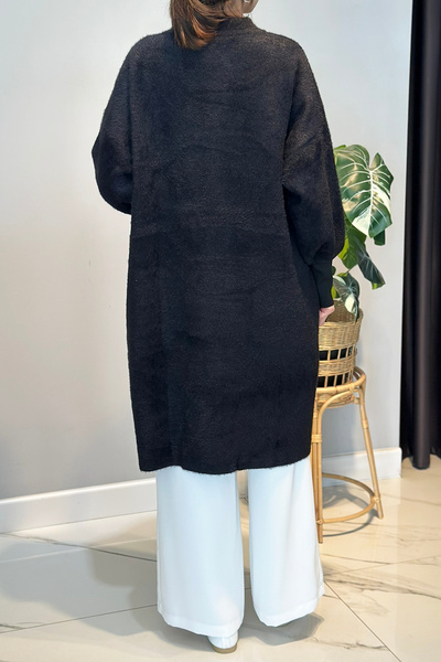 Lale Butik Long Button Detail Angora Cardigan 25129 Black