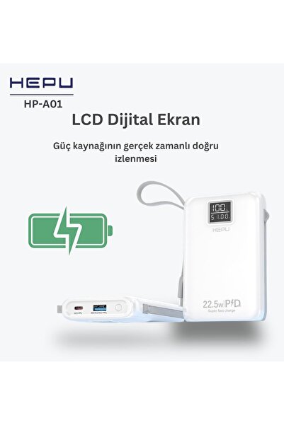 HEPU HP-A01 10.000 mAh 22.5W Hızlı Şarjlı Powerbank – Kendinden Type-C & iOS ...
