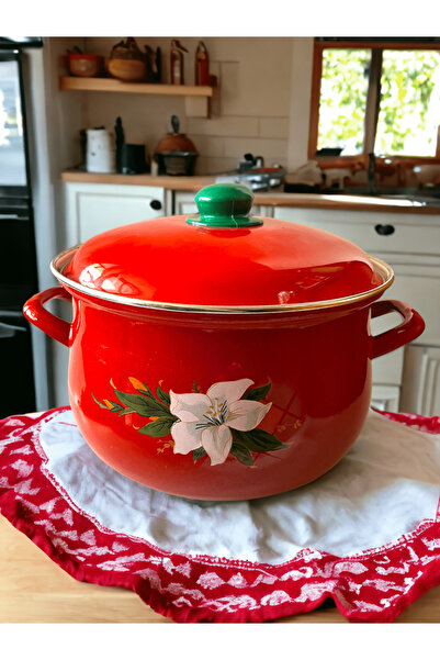 Emailul Medias Complete set of traditional red enameled domed pots with lid, flower pattern