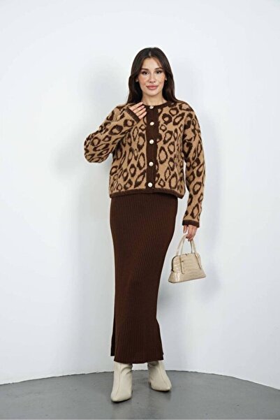 BLUSS Brown Leopard Print Women's Knitwear 2-Piece Set – Dress & Cardigan