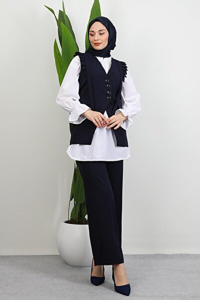 GİYZAMİLA Devin Ruffle Detail Suit Navy Blue