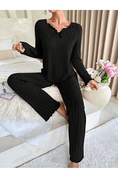 Biraltı Moda Set de pijamale pentru femei din bumbac cu mâneci lungi și detaliu cu fundă