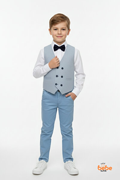 Trend Bebe Butik Erkek Çocuk 4’lü Smokin Takım, Gömlek Yelek Papyon ve Pantolon Şık Kombin, Davet & Özel Gün Mavi