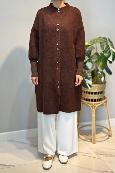 Lale Butik Long Button Detail Angora Cardigan 25129 Brown