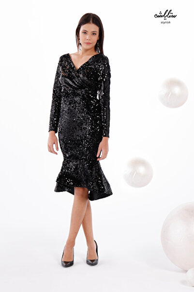 Stylish فستان ميدي أنيق باللون الأسود مزين بالترتر الناعم بموديل ضيق وكسرات و...