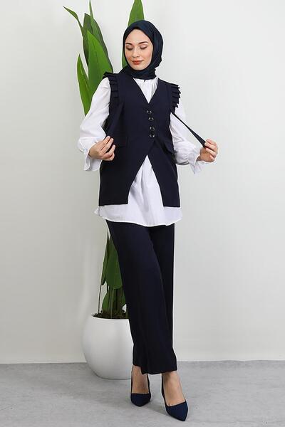 GİYZAMİLA Devin Ruffle Detail Suit Navy Blue