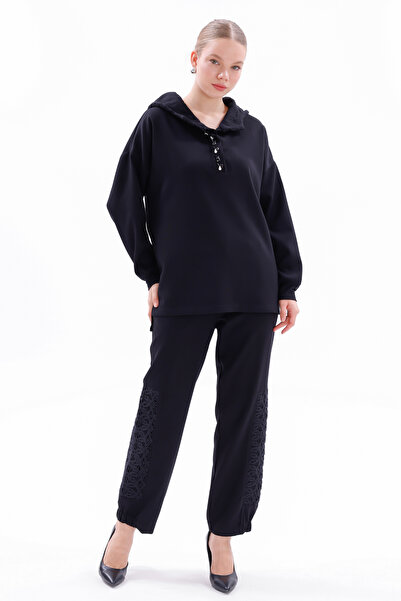 Lale Butik Lace Detail Tunic Pant Set 19467 Black