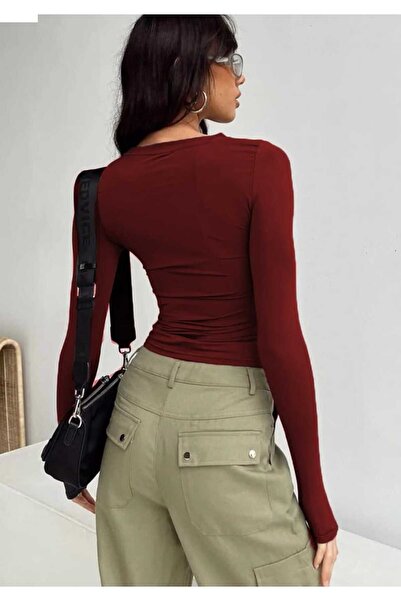 LEYLA SAĞLAM Women's Burgundy Crew Neck Long Sleeve Bodysuit
