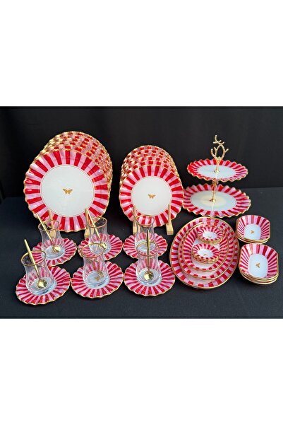 Hediye Köşkü 6 Kişilik Lüks Cam Pembe Kelebekli 46 parça Full Kahvaltı ve Çay...