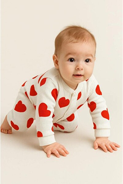 GÜNEŞ KİDS Baby Girl Red Heart Printed Snaps Newborn Baby Romper 100% Cotton Stretchy