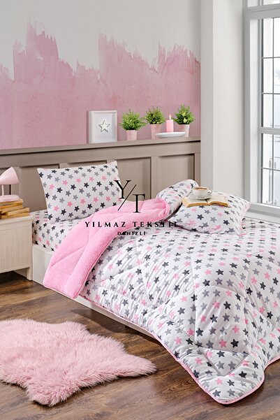 ChicMaison Μονό σετ ύπνου Puffy |   Με ελαστικό σεντόνι |   Ροζ Αστέρι