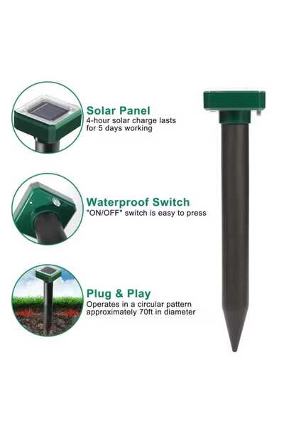 Genaric Solar-powered device for repelling rodents and snakes using ultrasonic waves for fields and green spaces.