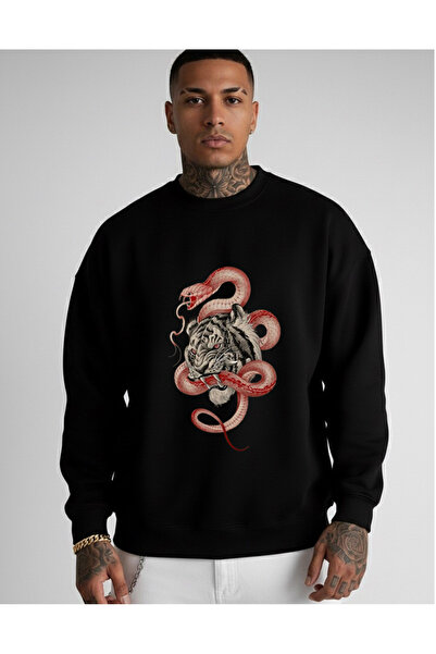 LORVEX Оверсайз унисекс суитшърт с велосипедна яка, леопардов и змийски принт