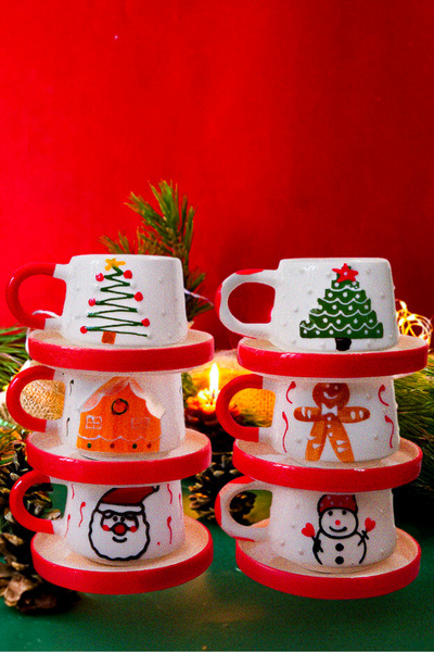 touchmughm New Year's 6-Piece Set Special Embossed Hand-Painted Ceramic Plate and Mug Set, Double, Coffee Cup, Mug