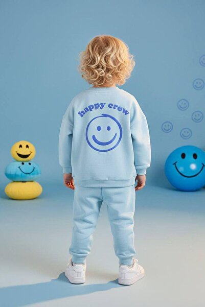 Minigimin Cicileri My Little One's Cicileri Smiling Face Emoji Patterned Boys' 2-Piece Set - Light Blue