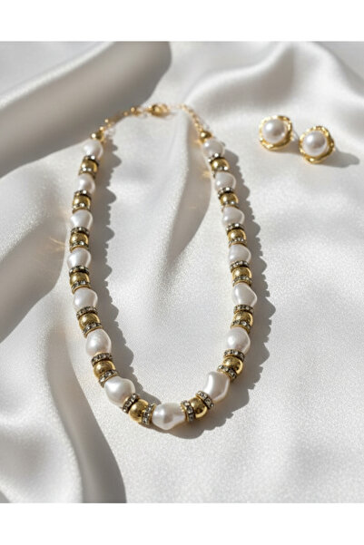 SR Jewelry Box İnci Kolye & Küpe Takımı – Barok İnci, Altın Detaylı, Şık Set