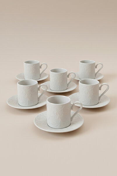 KHAKMA Home Camelia Series 6-Piece Embossed White Porcelain Coffee Cup Set - 80 ml