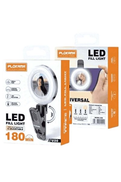 TheMohrim مرآة سيلفي دائرية صغيرة PLOKAMA U20 PRO مزودة بمشبك RGB مع ضوء LED (أسود)